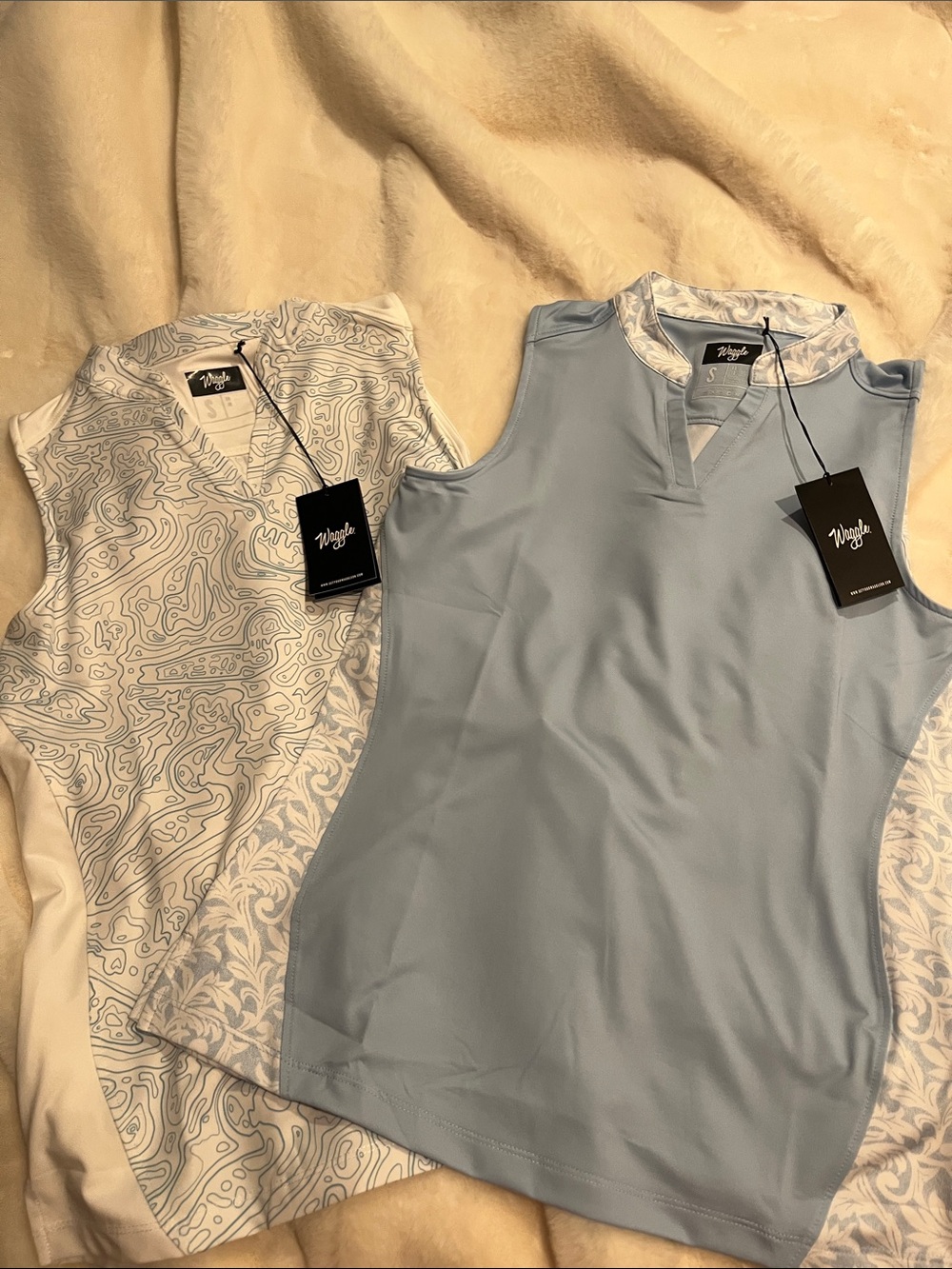 NWT Waggle Womwn's Golf Polo Sky Blue Sleeveless Golf Tank with Patterned Trim